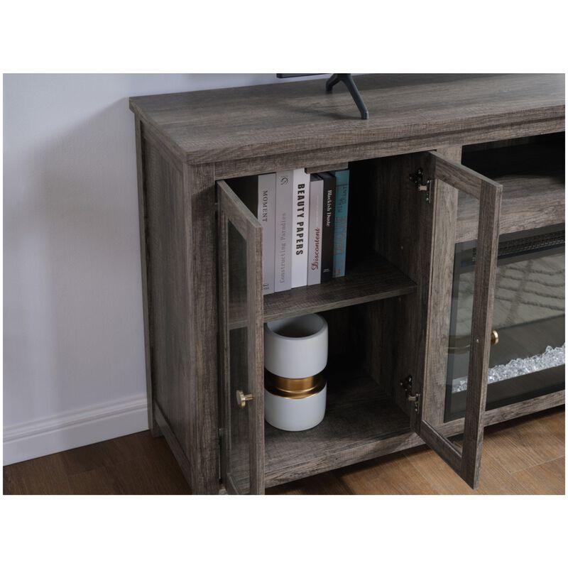 Lilola Ellington 70"W Gray Walnut Finish Fireplace TV Stand Console with Heater, LED Light, Cabinets, Shelves, , hires