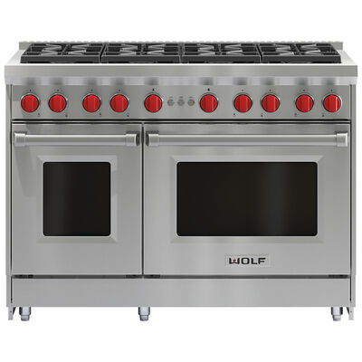 Wolf 48 in. 6.9 cu. ft. Double Oven Freestanding LP Gas Range with 8 Sealed Burners - Stainless Steel | GR488LP