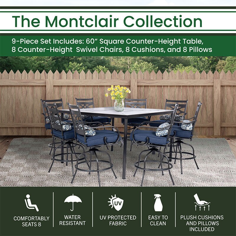 Hanover Montclair 9 Piece High Dining Set with 8 Counter Height Swivel Chairs 60 Square Table Navy Brown P.C. Richard Son