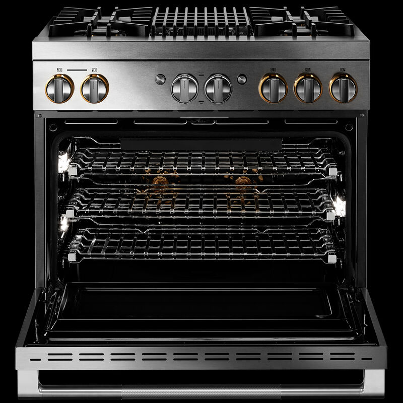 JennAir Rise Series 36 in. 5.1 cu. ft. Smart Convection Oven Freestanding Dual Fuel Range with 4 Sealed Burners & Grill - Stainless Steel, , hires