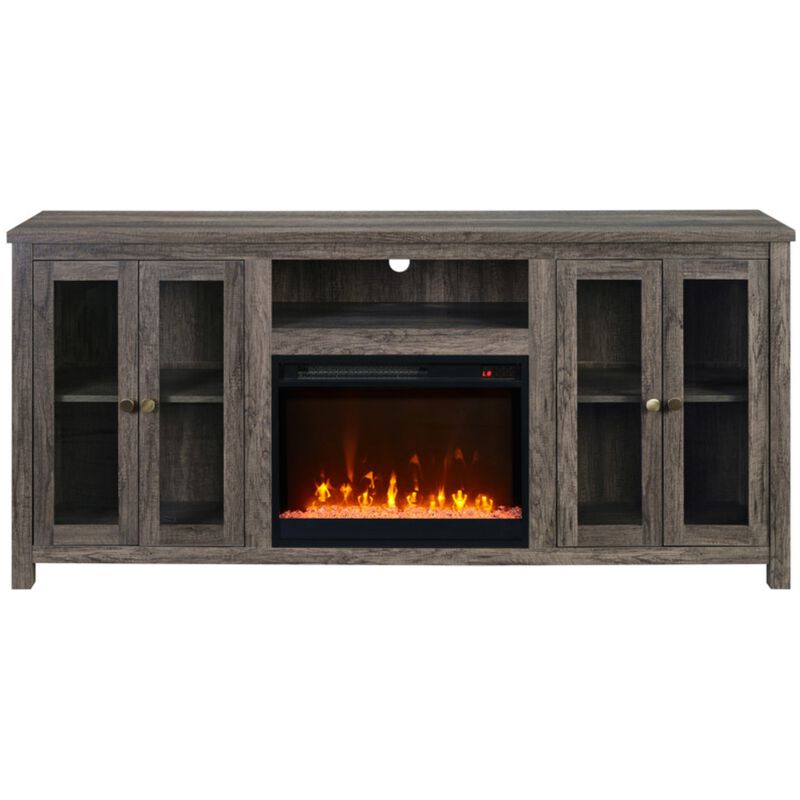Lilola Ellington 70"W Gray Walnut Finish Fireplace TV Stand Console with Heater, LED Light, Cabinets, Shelves, , hires