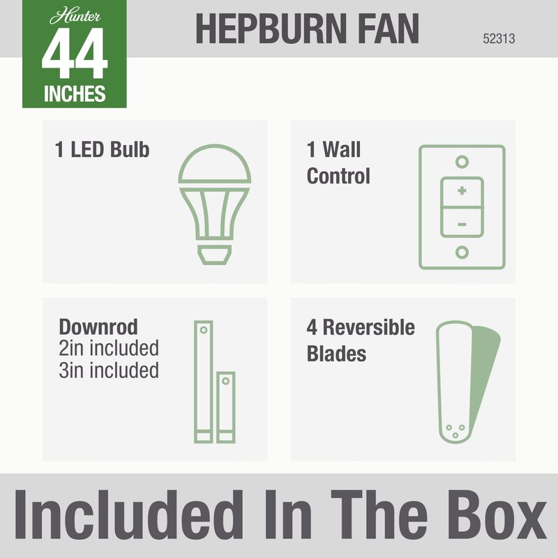 Hunter Hepburn 44 in. Ceiling Fan with LED Light Kit and Wall Control - Brass, , hires