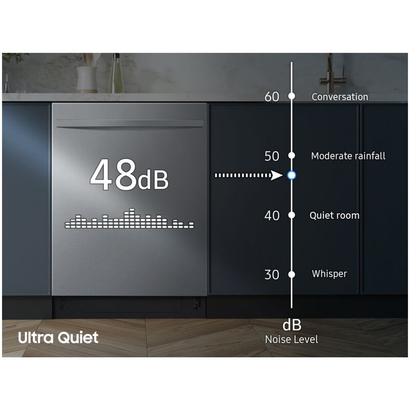 Samsung 24 in. Top Control Flush-Mount Dishwasher with 48 dBA Sound Level, 3rd-Rack & AutoRelease Door Drying - Fingerprint Resistant Stainless Steel, , hires