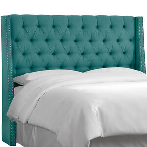 Skyline Queen Nail Button Tufted Wingback Headboard in Linen - Laguna, Blue, hires