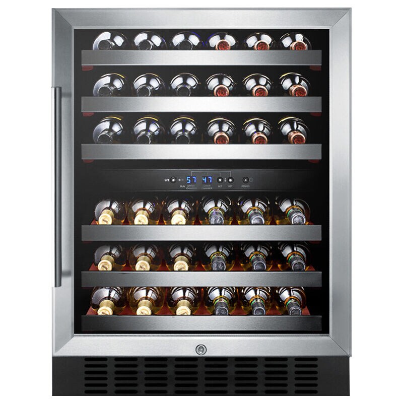 Summit 24 in. Undercounter Wine Cooler with Wood Racks, Dual Temperature Zones & 46 Bottle Capacity - Stainless Steel, , hires