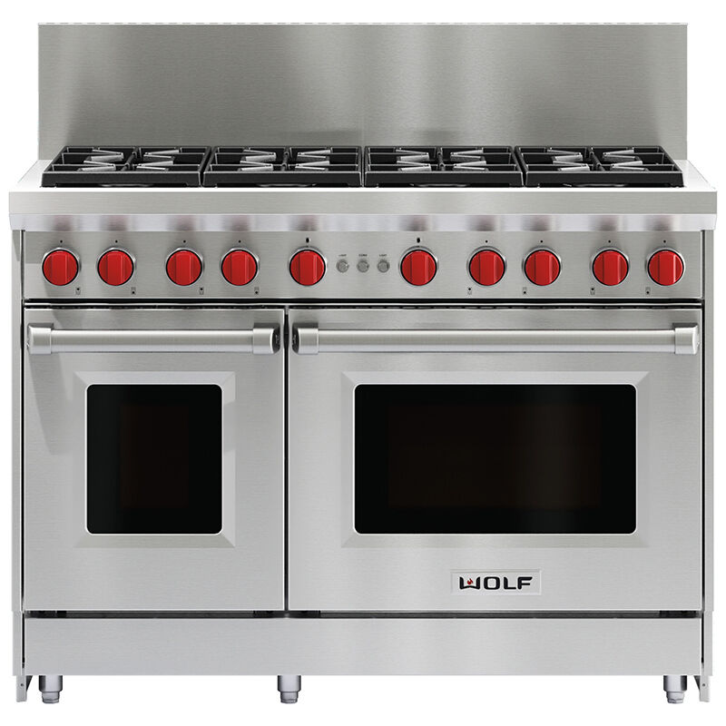 Wolf 48 in. 6.9 cu. ft. Standard Convection Double Oven Gas Range with 8 Sealed Burners - Stainless Steel, , hires