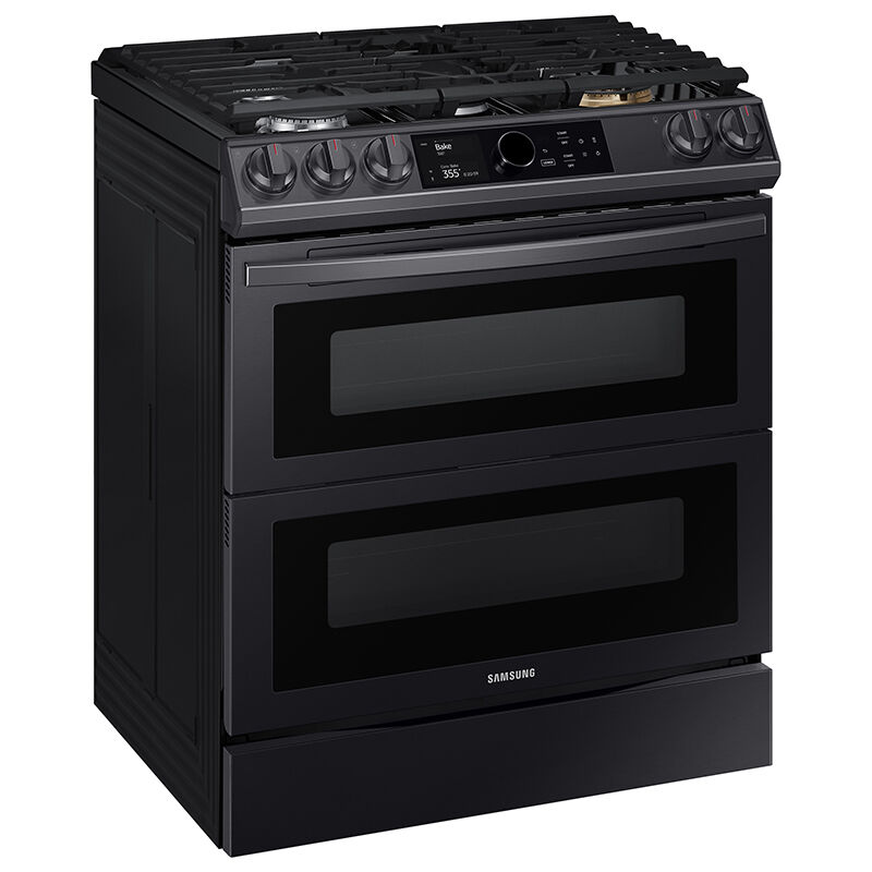 Samsung 30 in. 6.3 cu. ft. Smart Air Fry Convection Double Oven Slide-In Dual Fuel Range with 5 Sealed Burners & Griddle - Black with Stainless Steel, Black with Stainless Steel, hires