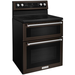 KitchenAid 30 in. 6.7 cu. ft. True European Convection Double Oven Electric Range with Radiant Burners - Black Stainless Steel with PrintShield Finish, , hires