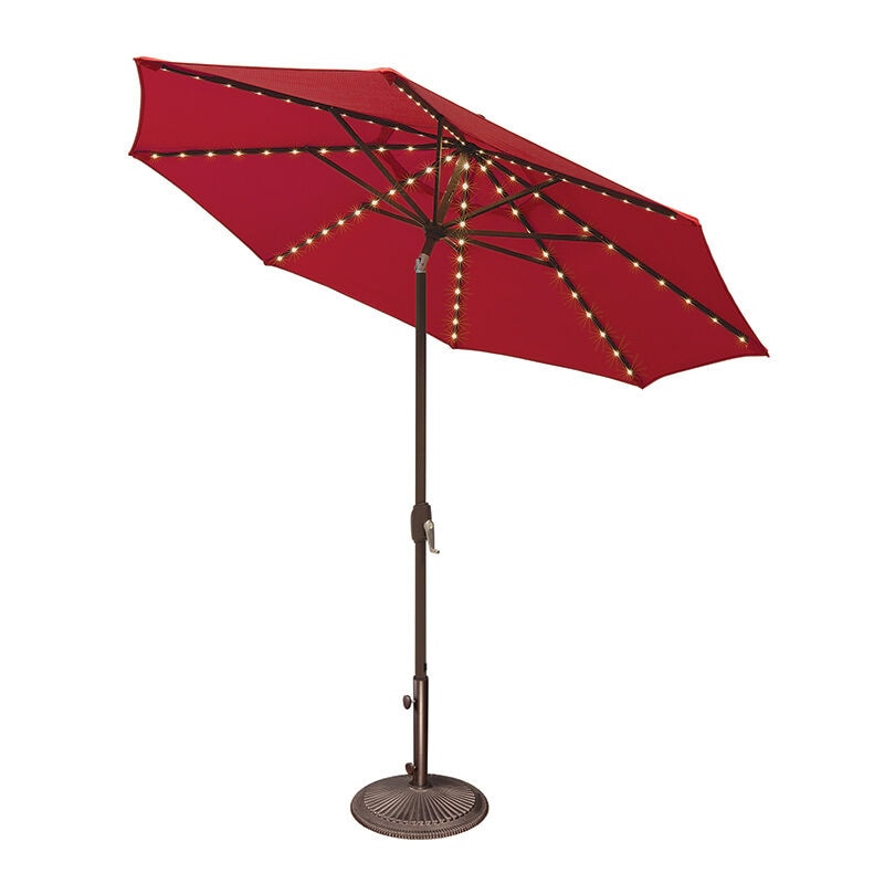 SimplyShade Lanai Pro 11' Octagon Auto Tilt Market Umbrella in Solefin Fabric with Built-In StarLights - Really Red, Red, hires