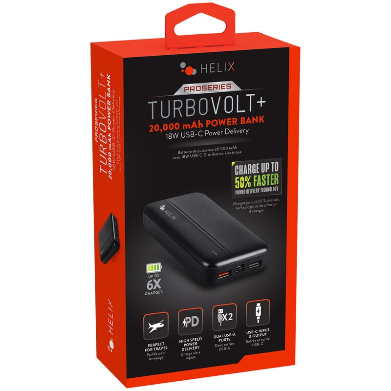Helix Turbovolt+ 20,000 mAh Portable Battery Pack with PD charging - Black