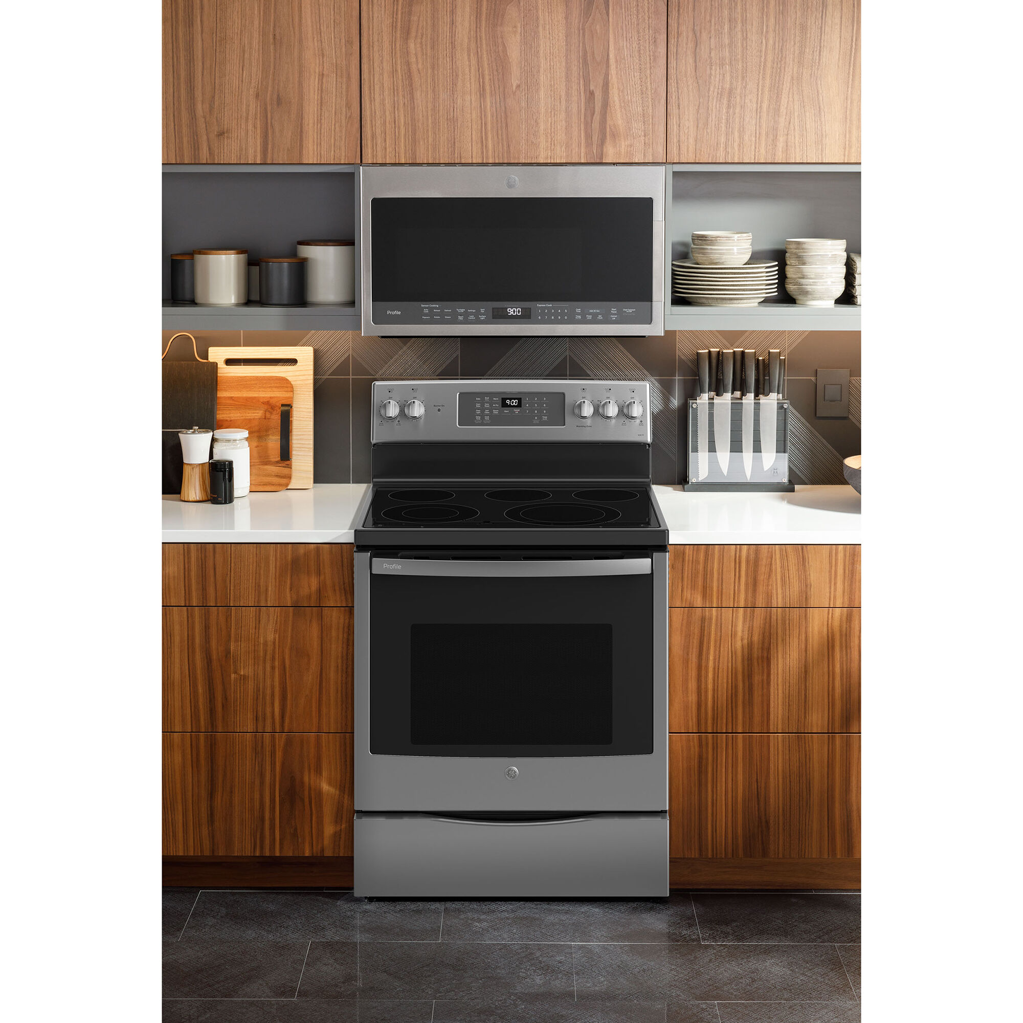 GE Profile 30 in. 5.2 Cu. ft. Smart Air Fry Convection Oven Freestanding Electric Range with 5 Smoothtop Burners Fingerprint Resistant Stainless