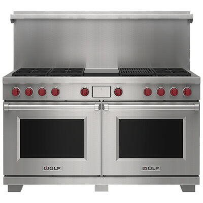 Wolf 60 in. 10.2 cu. ft. Smart Dual Convection Double Oven Dual Fuel Range with 6 Sealed Burners & Griddle - Stainless Steel | DF60650CGSLP