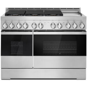 JennAir Noir Series 48 in. 6.3 cu. ft. Smart True European Convection Double Oven Gas Range with 6 Sealed Burners & Griddle - Stainless Steel, , hires