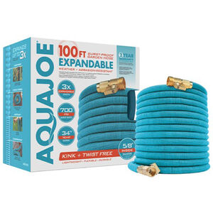 Aqua Joe 100 ft. No-Kink Expandable Garden Hose with Heavy Duty Brass Valve & Flow Control Shut off - Light Blue, , hires