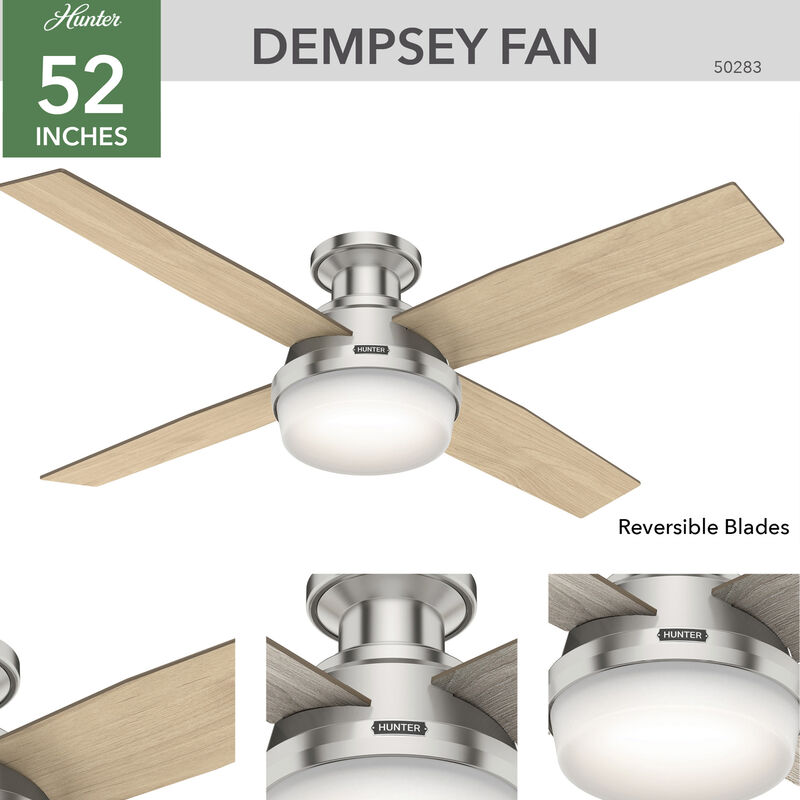 Hunter Dempsey 52 in. Low Profile Ceiling Fan with LED Light Kit and Handheld Remote - Brushed Nickel, Brushed Nickel, hires