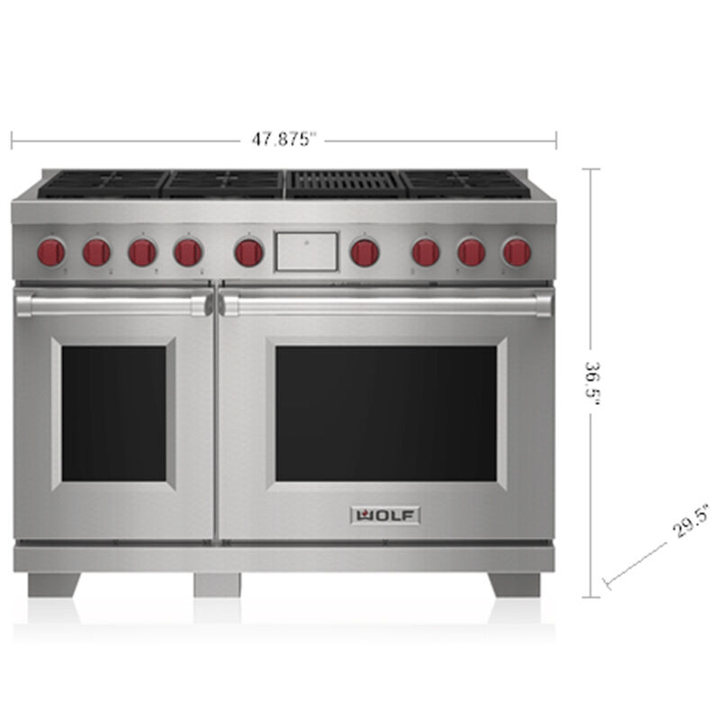 Wolf 48 in. 7.8 cu. ft. Smart Convection Double Oven Freestanding LP Dual Fuel Range with 7 Sealed Burners & Grill - Stainless Steel, , hires