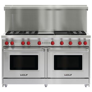 Wolf 60 in. 8.8 cu. ft. Standard Convection Double Oven Gas Range with 6 Sealed Burners, Grill & Griddle - Stainless Steel, , hires