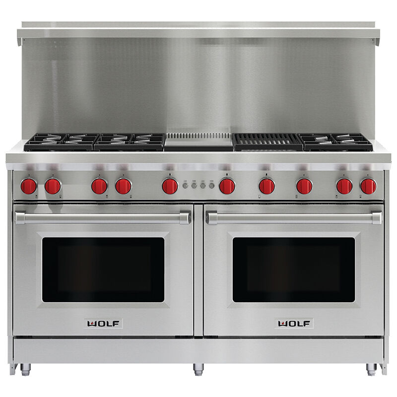 Wolf 60 in. 8.8 cu. ft. Standard Convection Double Oven Gas Range with 6 Sealed Burners, Grill & Griddle - Stainless Steel, , hires