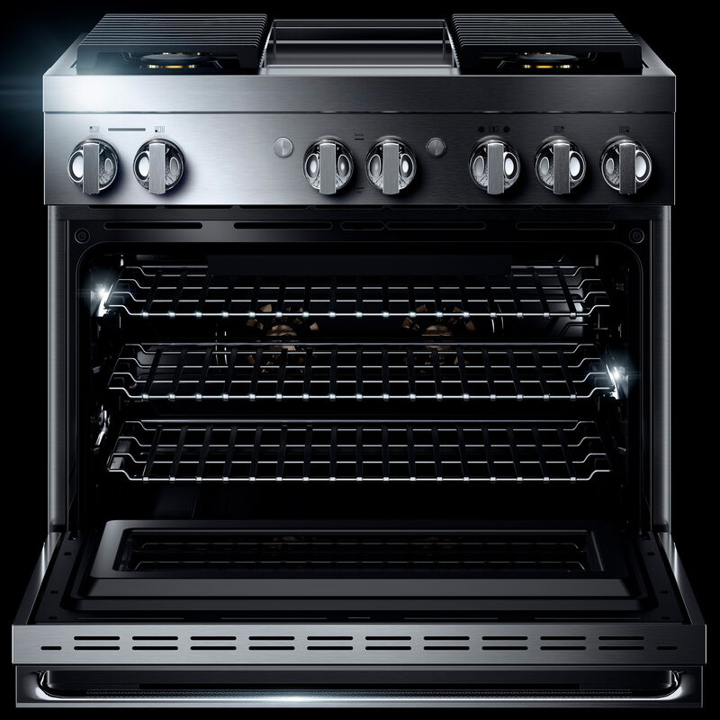 JennAir Noir Series 36 in. 5.1 cu. ft. Smart True European Convection Dual Fuel Range with 4 Sealed Burners & Griddle - Stainless Steel, , hires