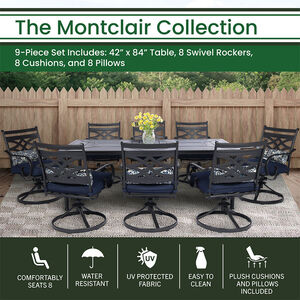 Hanover Montclair 9-Piece Dining Set with 8 Swivel Rockers and a 42" x 84" Table - Navy/Brown, , hires