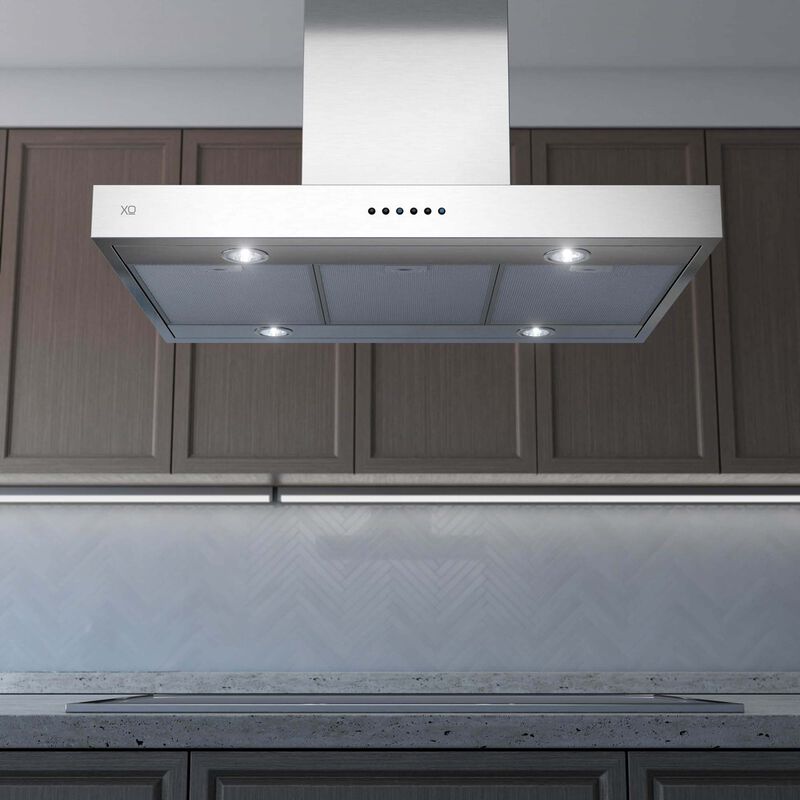XO 42 in. Chimney Style Island Mount Range Hood with 3 Speed Settings, 600 CFM, Convertible Venting & 2 LED Lights - Stainless Steel, , hires