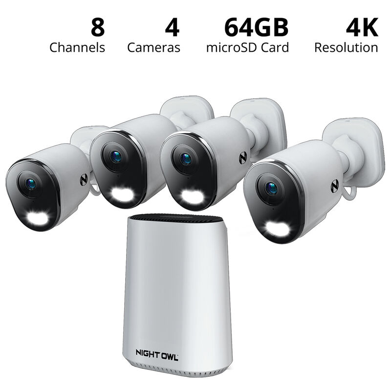Night Owl - 8-Channel, 4-Camera Indoor/Outdoor Plug-In Wi-Fi IP 4K 64GB Security System - White - White, , hires