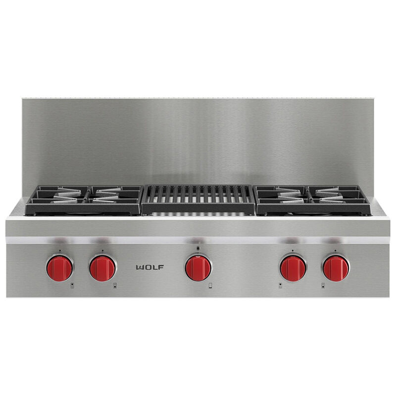 Wolf 36 in. Liquid Propane Gas Cooktop with 4 Sealed Burners & Grill - Stainless Steel, , hires