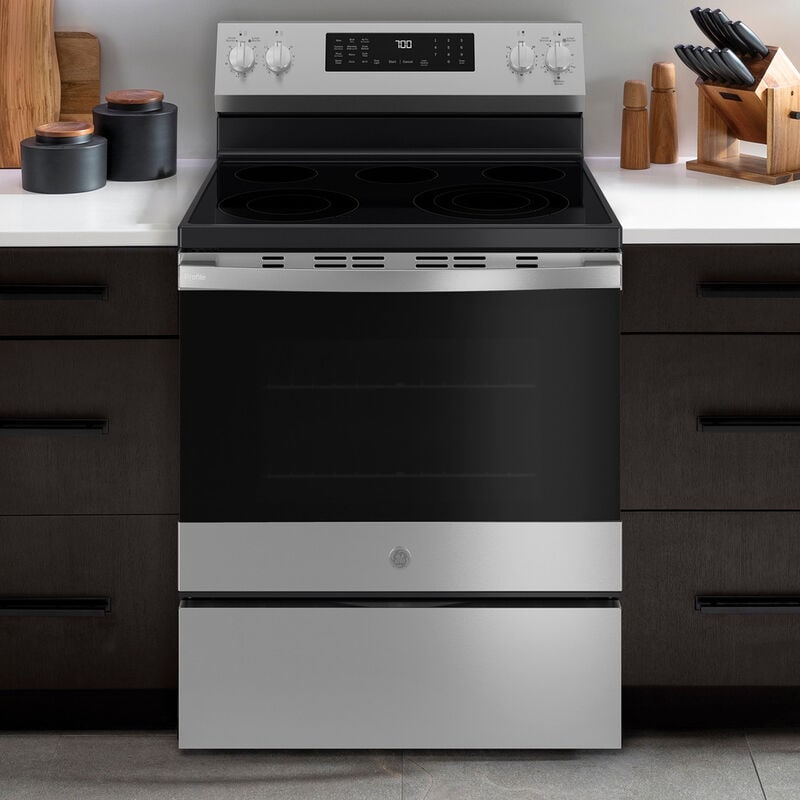 GE Profile 30 in. 5.3 cu. ft. Smart Air-Fry Standard Convection Electric Range with Radiant Burners - Fingerprint Resistant Stainless Steel, , hires