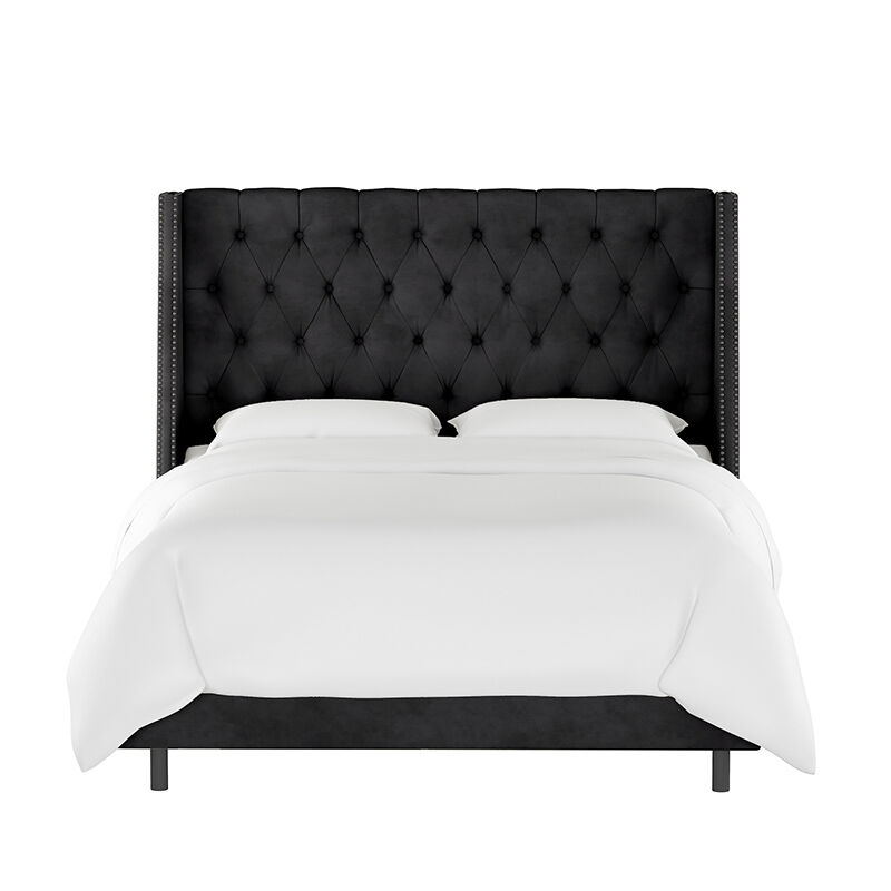 Skyline King Nail Button Tufted Wingback Bed in Velvet - Black, Black, hires
