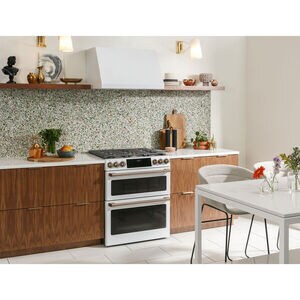 Cafe 30 in. 6.7 cu. ft. Smart Air Fry True European Convection Double Oven Slide-In Gas Range with 6 Sealed Burners & Griddle - Matte White, Matte White, hires