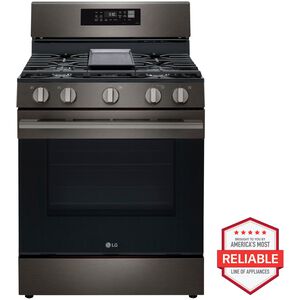 LG 30 in. 6.3 cu. ft. Smart Air-Fry True European Convection Gas Range with 5 Sealed Burners & Griddle - Black Stainless Steel, , hires
