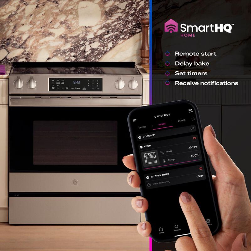 GE Profile 30 in. 5.3 cu. ft. Smart Air-Fry Standard Convection Slide-In Electric Range with 4 Induction Burners - Fingerprint Resistant Stainless, , hires