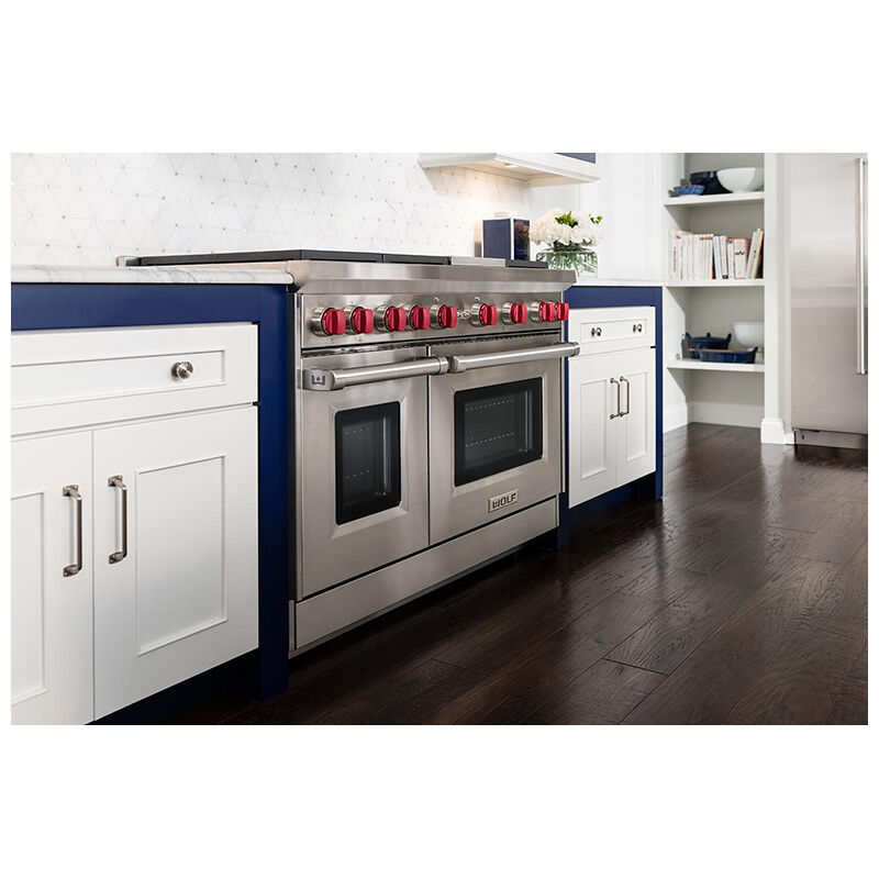 Wolf 48 in. 6.9 cu. ft. Standard Convection Double Oven Gas Range with 6 Sealed Burners & Grill - Stainless Steel, , hires