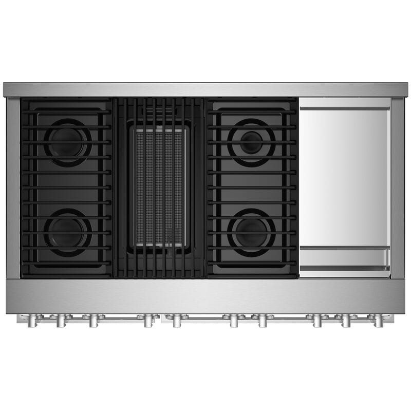 JennAir Noir Series 48 in. 6.3 cu. ft. Smart True European Convection Double Oven Gas Range with 4 Sealed Burners, Grill & Griddle - Stainless Steel, , hires