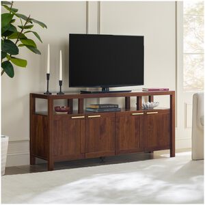 Walker Edison Isla Modern TV Stand with Glass Top - Walnut, , hires