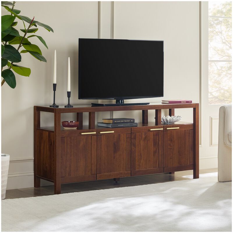 Walker Edison Isla Modern TV Stand with Glass Top - Walnut, , hires