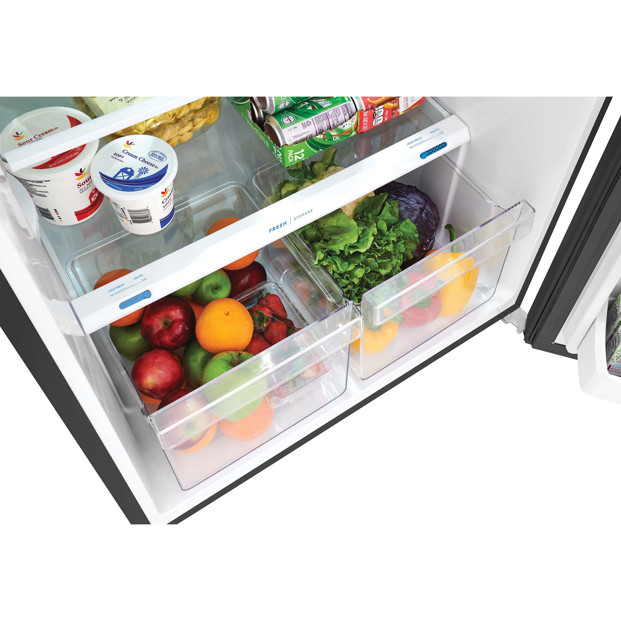 Interior view of FFHT1822UB showing adjustable glass shelves, crisper drawer, and door bins