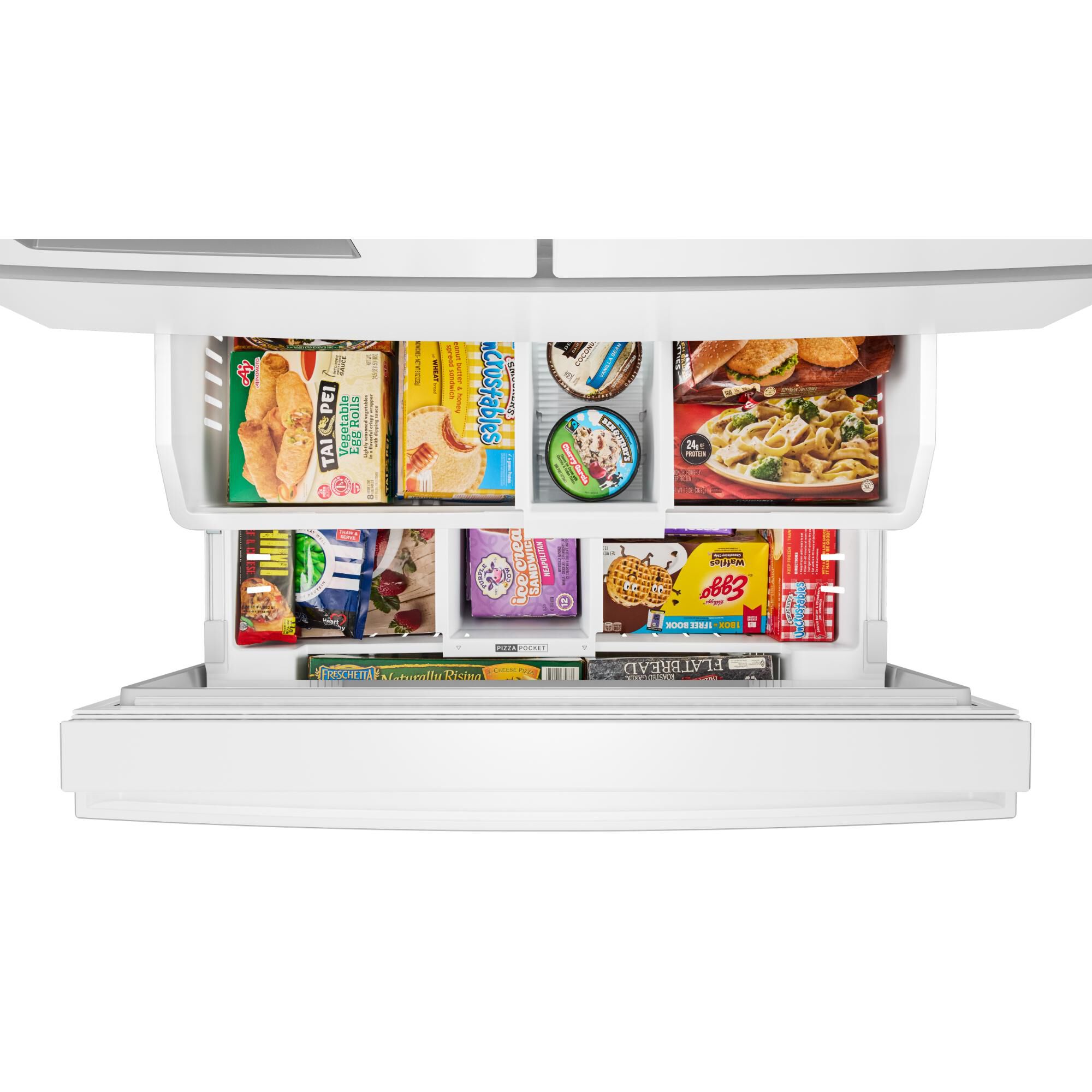 Close-up of the flexible temperature drawer on the Whirlpool WRMF3536SW French Door refrigerator, shown open and stocked with fresh foods.