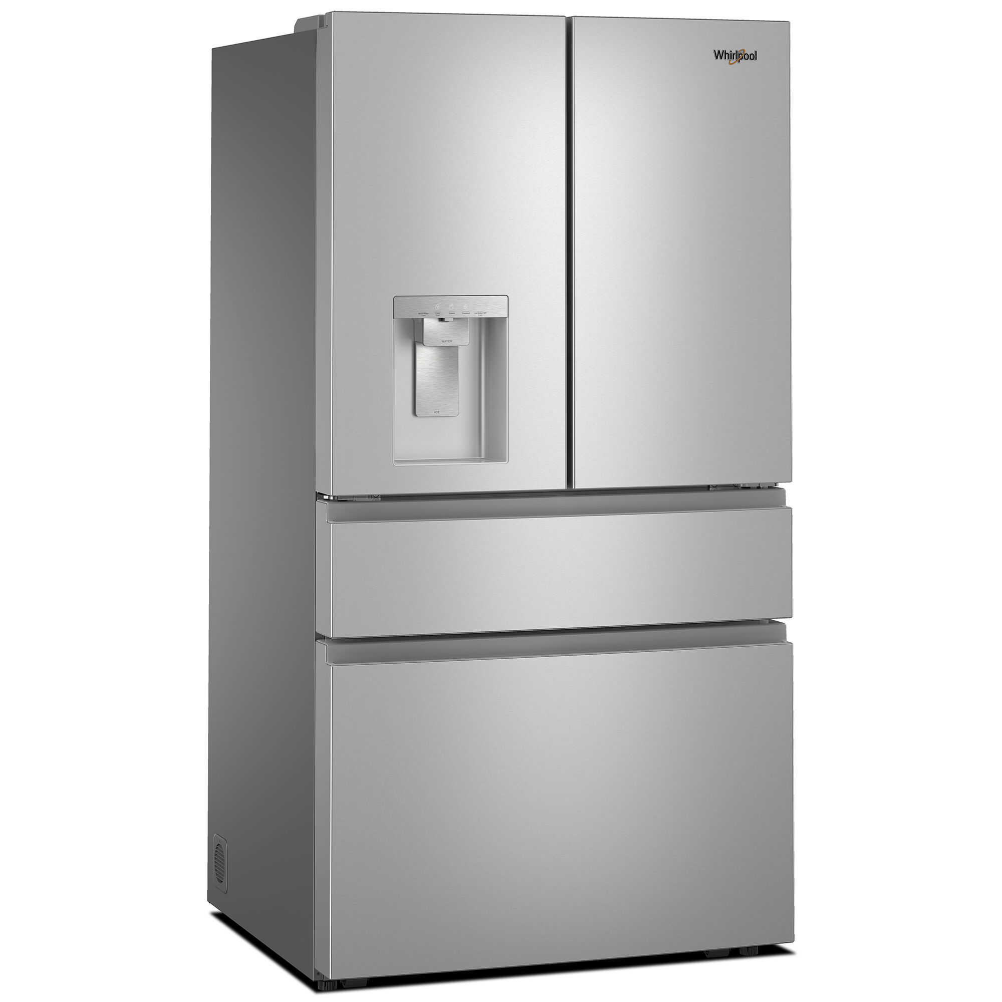 In-door ice and water dispenser panel on the Whirlpool WRMF3536SZ refrigerator showing dispenser controls on the Fingerprint Resistant Stainless Steel exterior door.