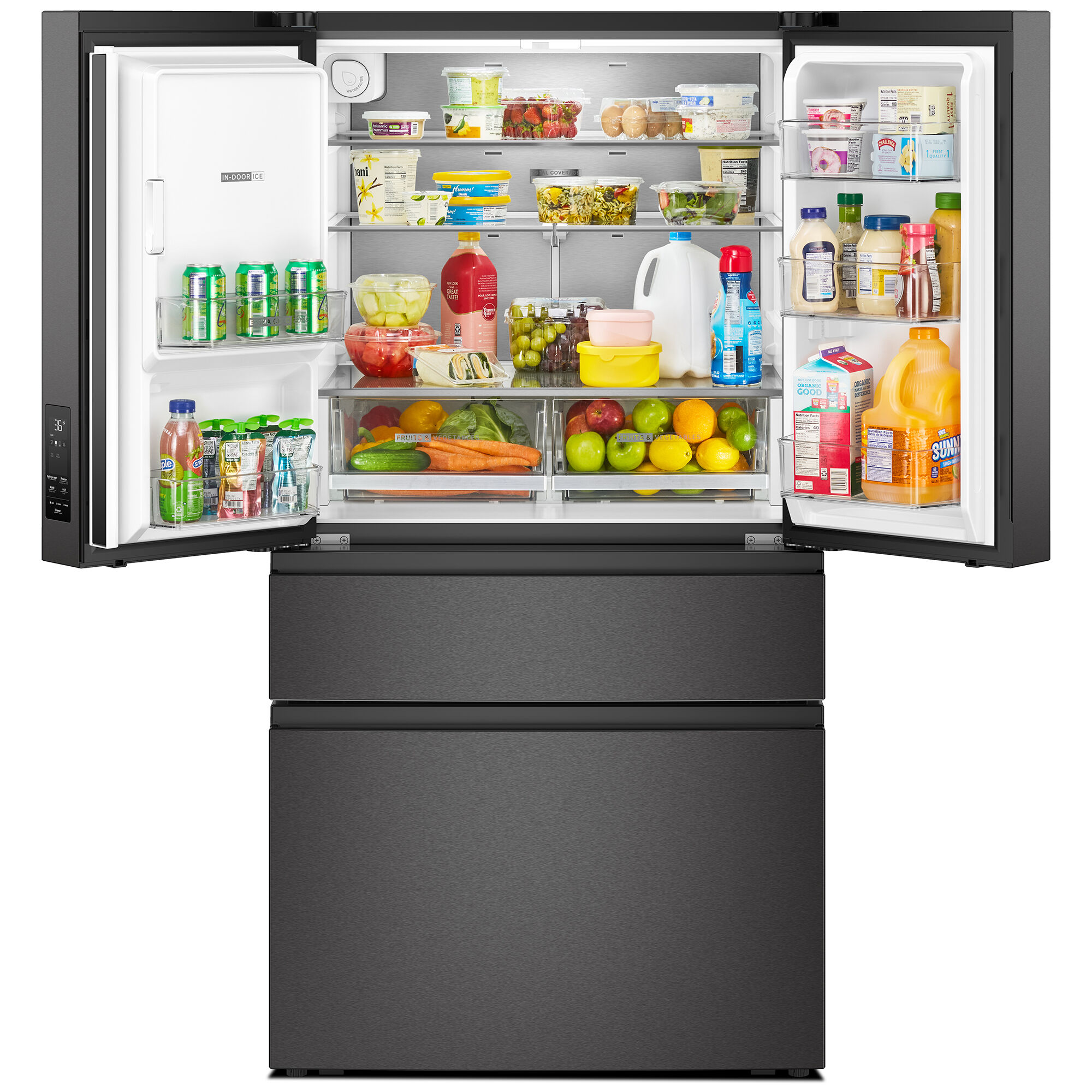 Interior view of the Whirlpool WRMF3736SV refrigerator showing organized shelves stocked with fresh food and produce.