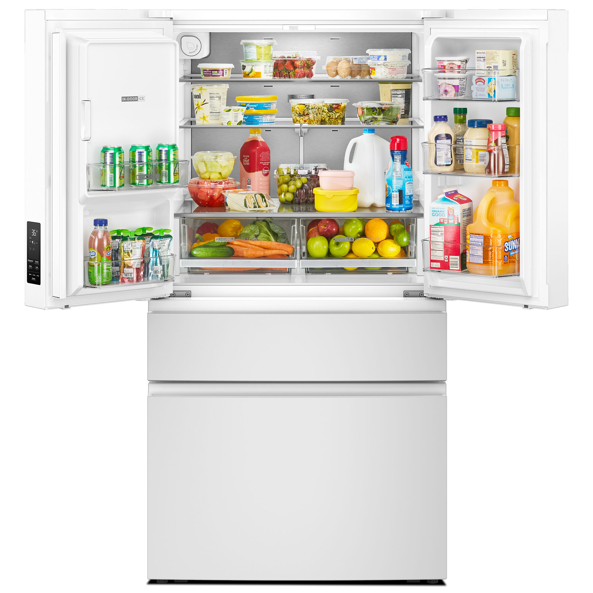 Interior view of the Whirlpool WRMF3736SW refrigerator showing organized shelves stocked with fresh food and produce.