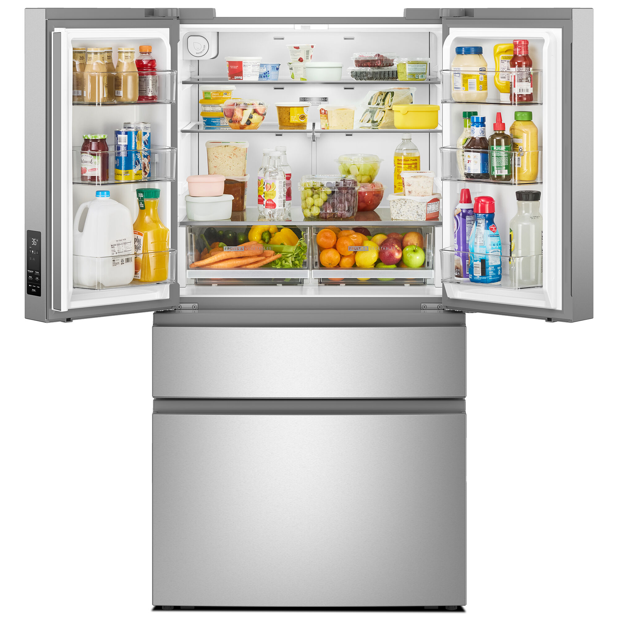 Whirlpool WRMF3336SZ French door refrigerator in fingerprint resistant stainless steel, shown on a white background.