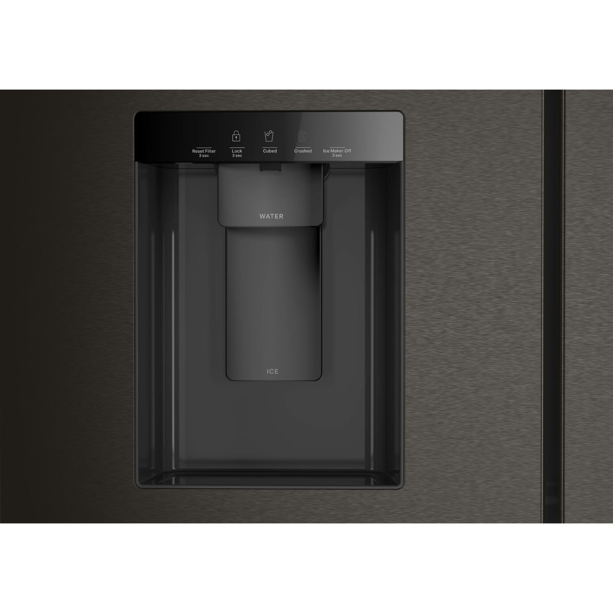 Close-up of the Whirlpool WRMF3536SV external ice and water dispenser in black stainless steel, with labeled controls for cubed ice, crushed ice, water, ice maker off, lock, and preset filter zone options.