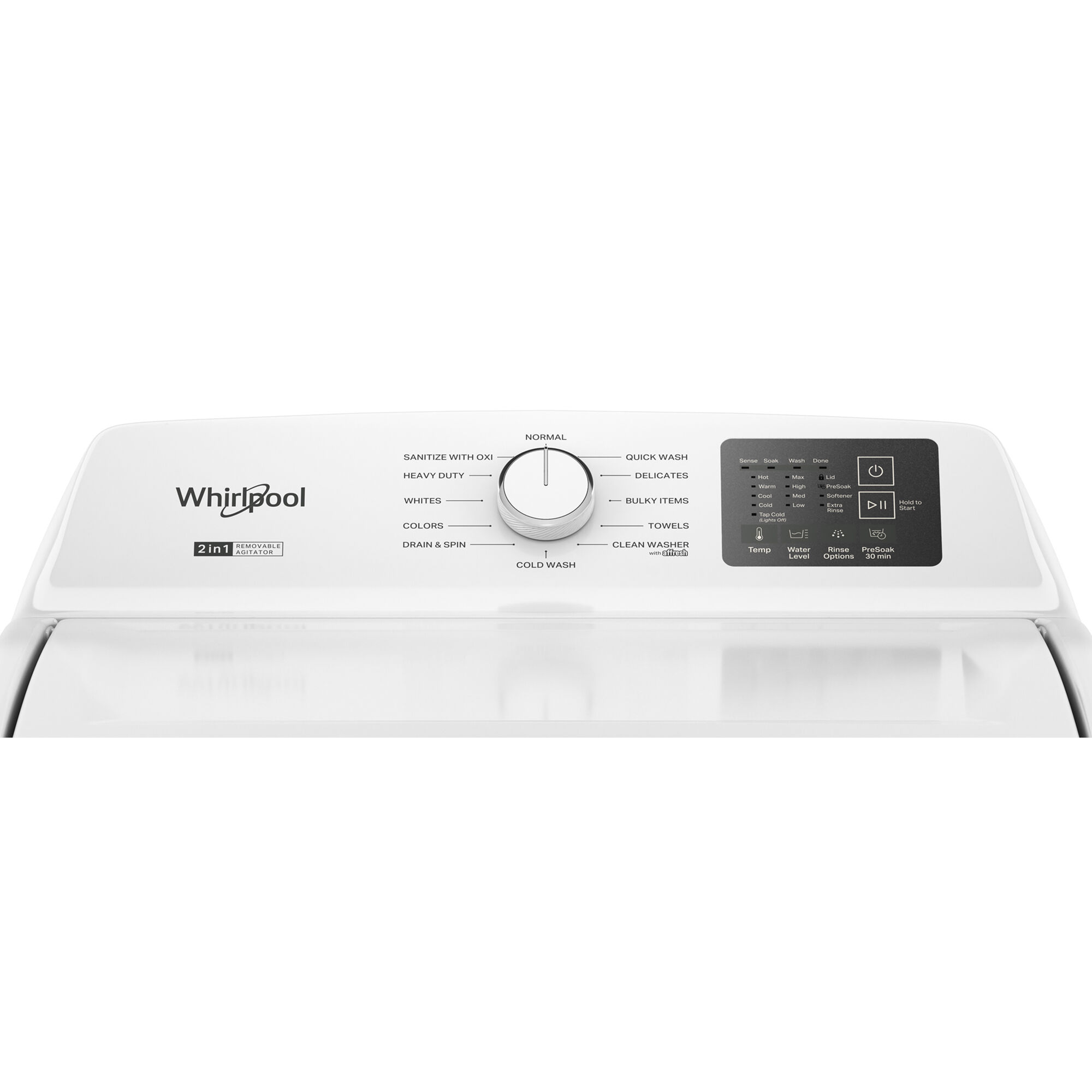 Close-up of the Whirlpool WTW4107SW control panel showing cycle selector and wash settings.