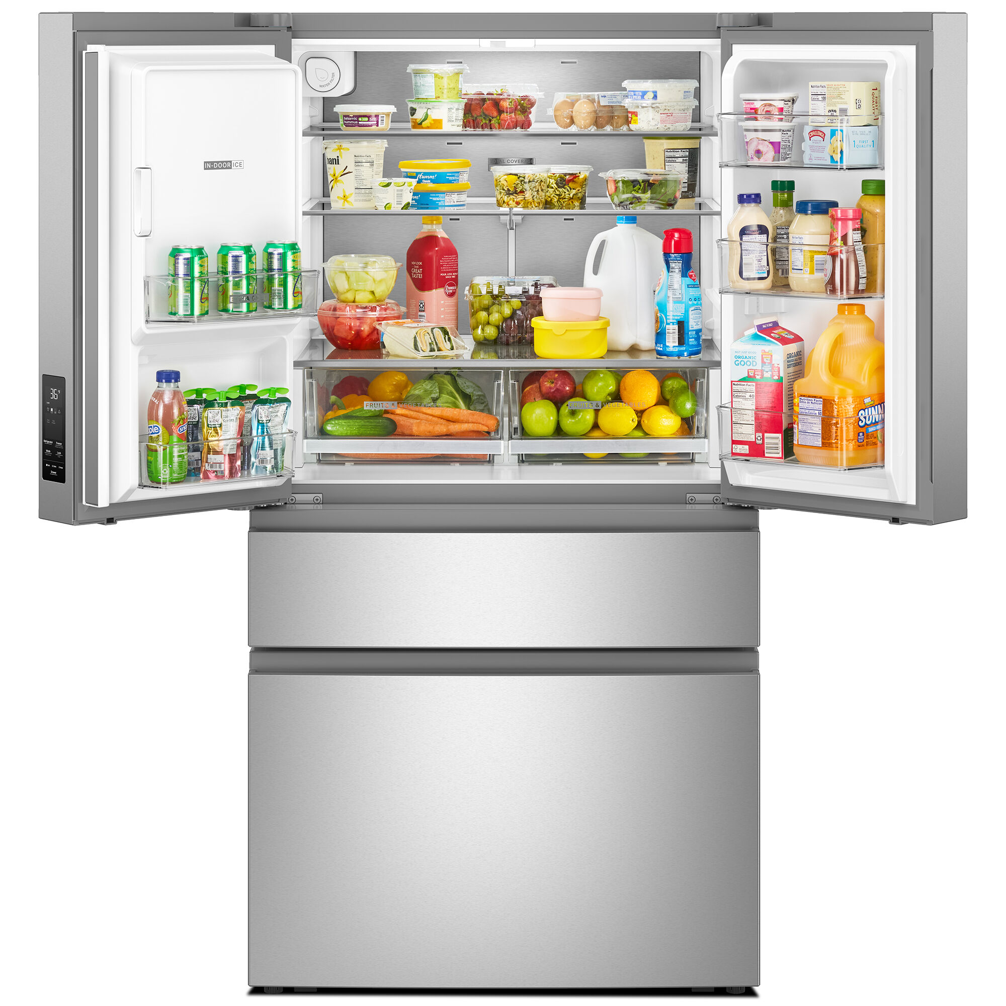 Interior view of the Whirlpool WRMF3736SZ refrigerator showing organized shelves stocked with fresh food and produce.