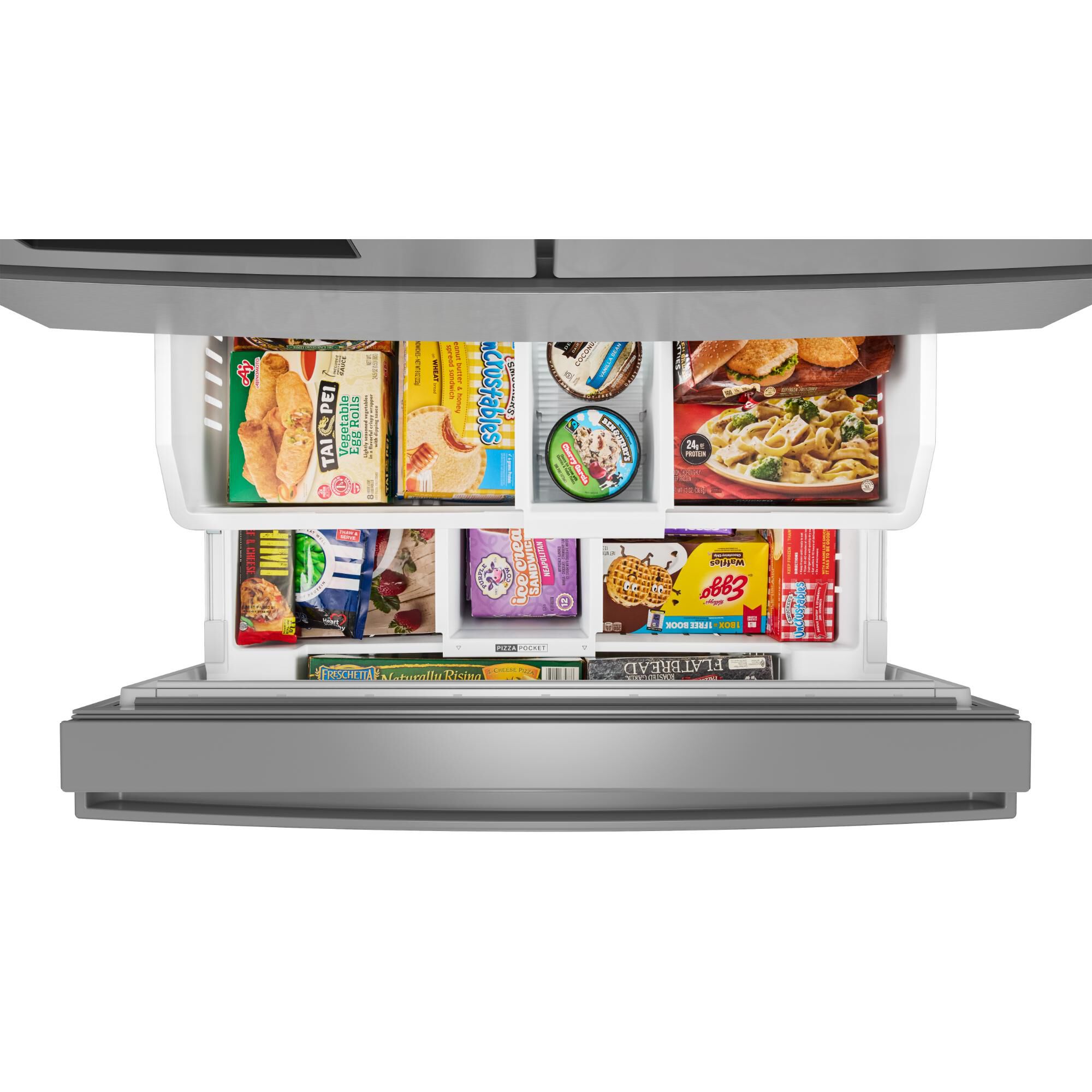 Close-up of the flexible temperature drawer on the Whirlpool WRMF3536SZ French Door refrigerator, shown open and stocked with fresh foods.