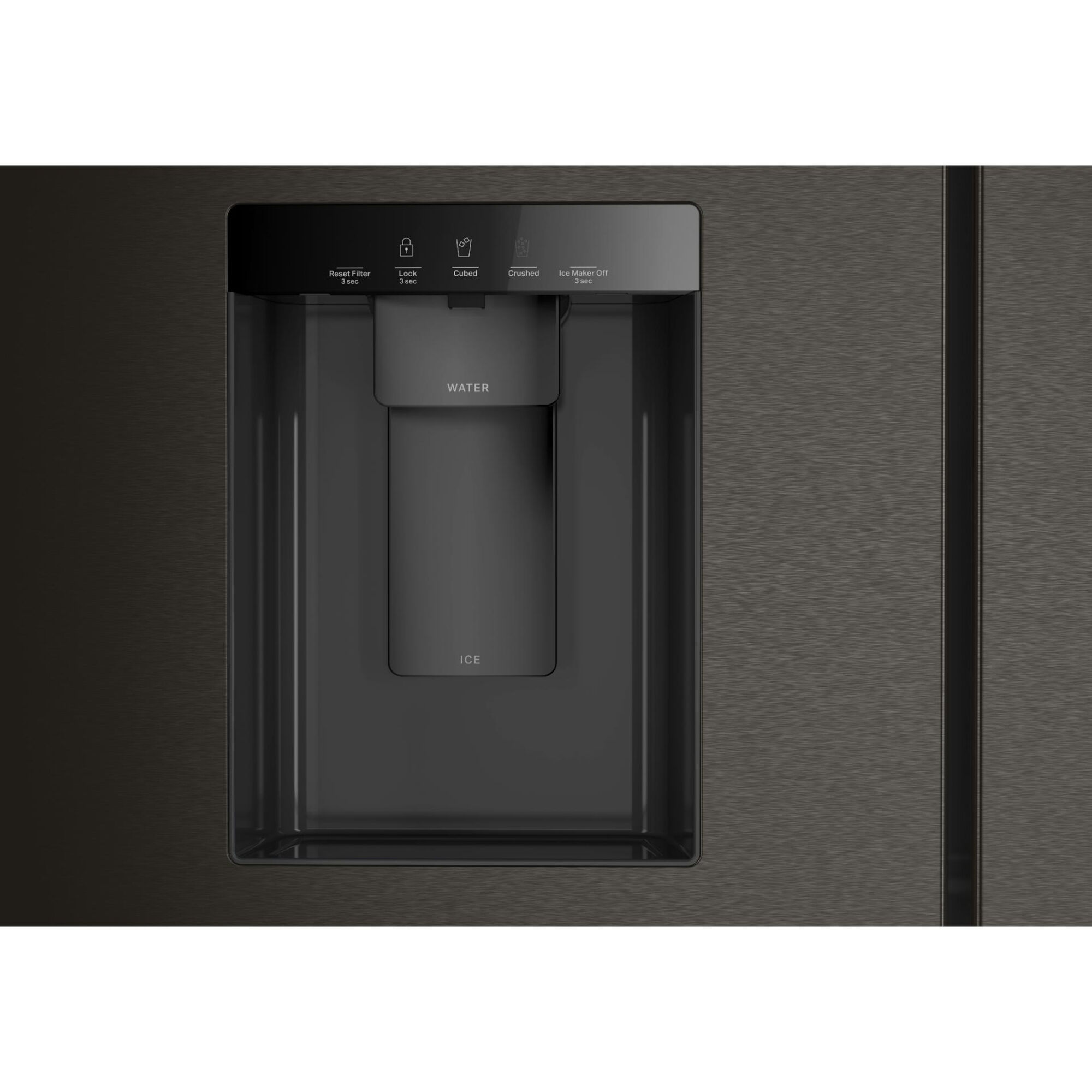Close-up of the Whirlpool WRMF3736SV in-door ice and water dispenser in Black Stainless Steel with PrintShield finish.