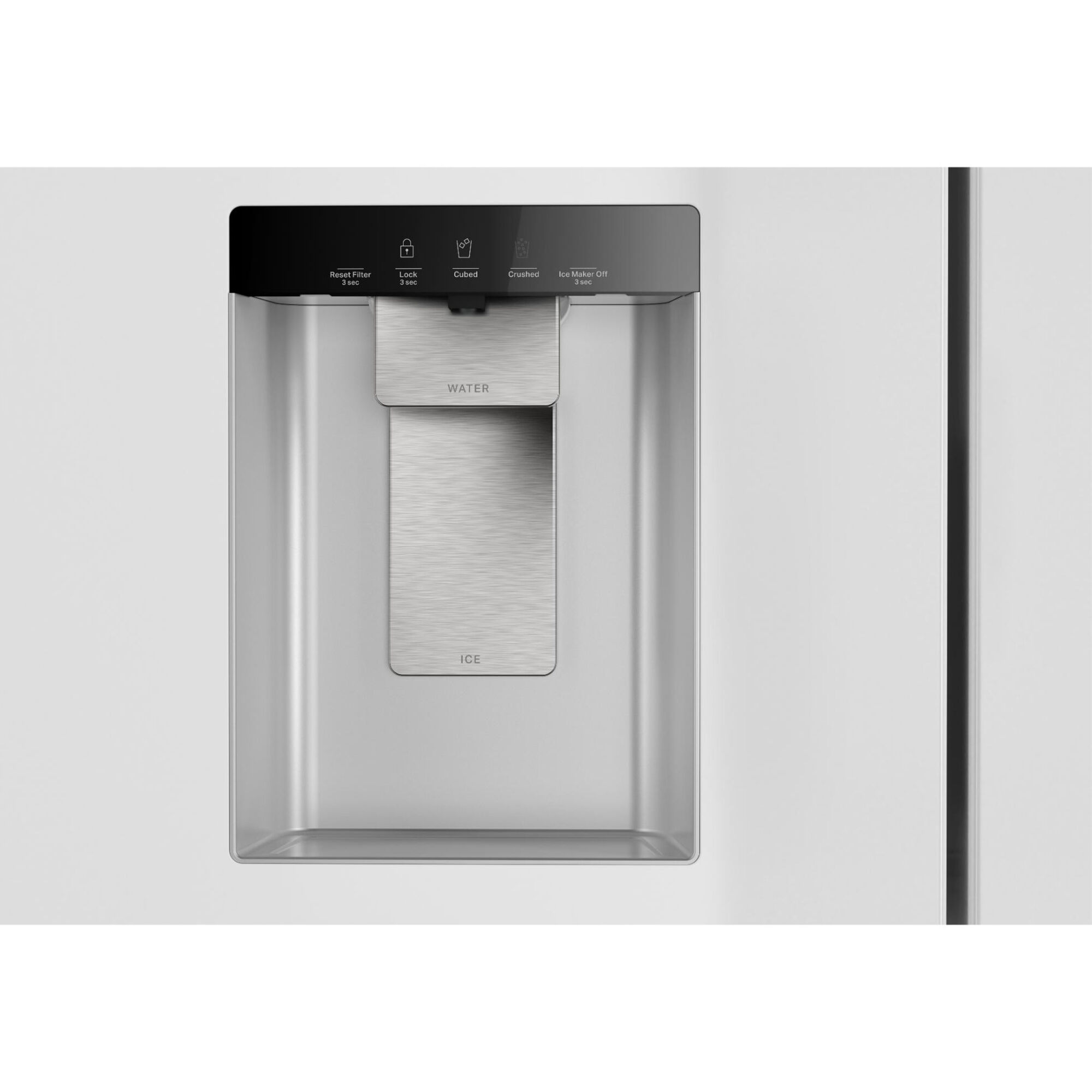 Close-up of the Whirlpool WRMF3736SW in-door ice and water dispenser in White finish.