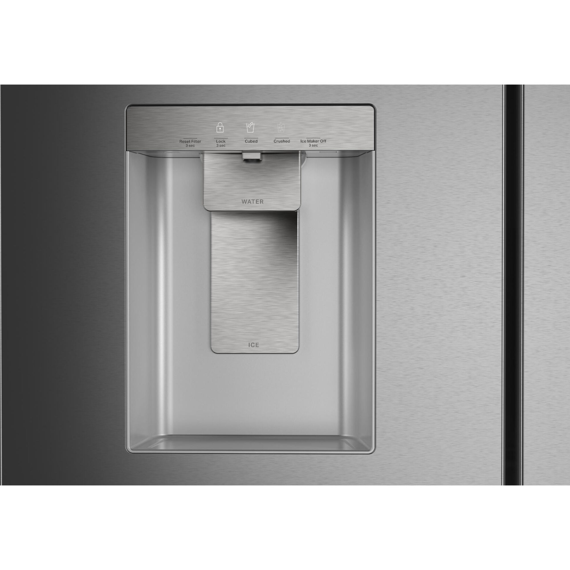 Close-up of the Whirlpool WRMF3736SZ in-door ice and water dispenser in Fingerprint Resistant Stainless Steel finish.