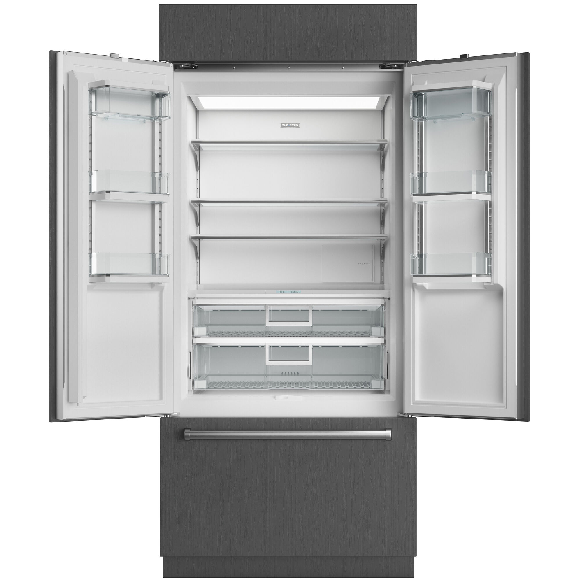 Interior view of Sub-Zero CL3650UFDSP showing fresh food compartment with glass shelving, humidity-controlled crisper drawers, and lower freezer drawer with organization